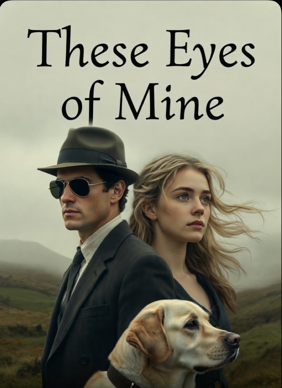 These Eyes of Mine — a novel by I.C. Chapman. Cover: a man in dark glasses and a fedora, a woman with windswept hair, and a yellow Labrador against misty green hills.